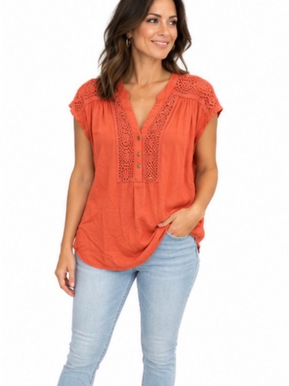 Spense Crochet-Yoke Cap Sleeve Top - Rust Orange